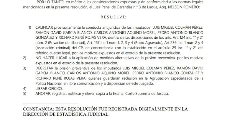 Parte resolutiva de la decisión del juez penal.