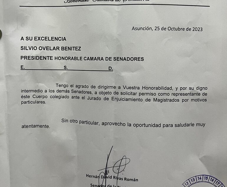 Nota de pedido de permiso de Hernán Rivas.