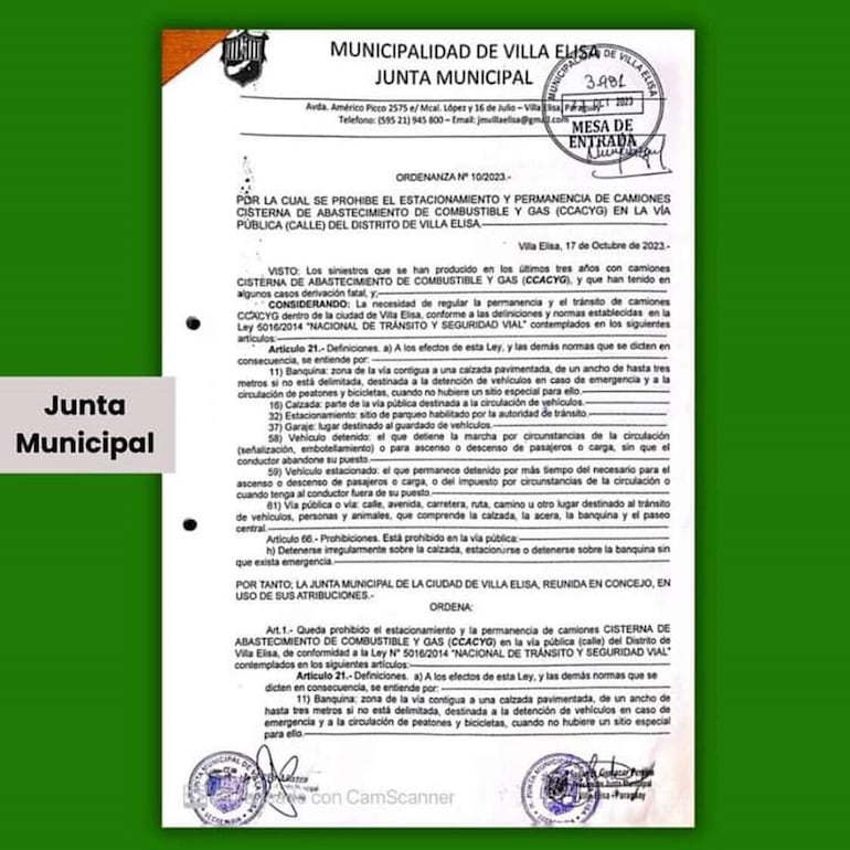 La ordenanza de la Municipalidad de Villa Elisa que prohíbe el estacionamiento de camiones cisternas de combustibles en la vía pública.