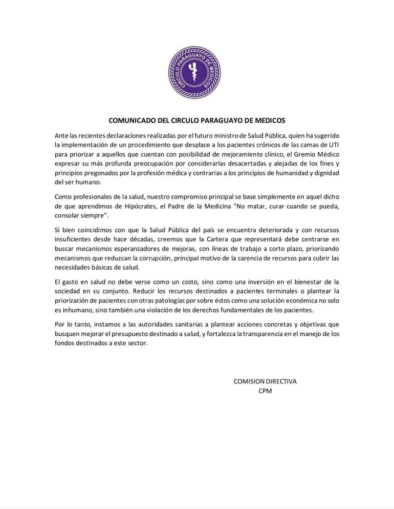 Comunicado del Círculo Paraguayo de Médicos.