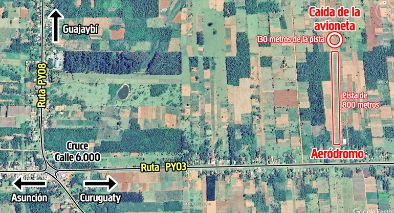 El accidente aéreo ocurrió a solo 130 metros de la cabecera norte de la pista de 800 metros del aeródromo de Guajaybí.