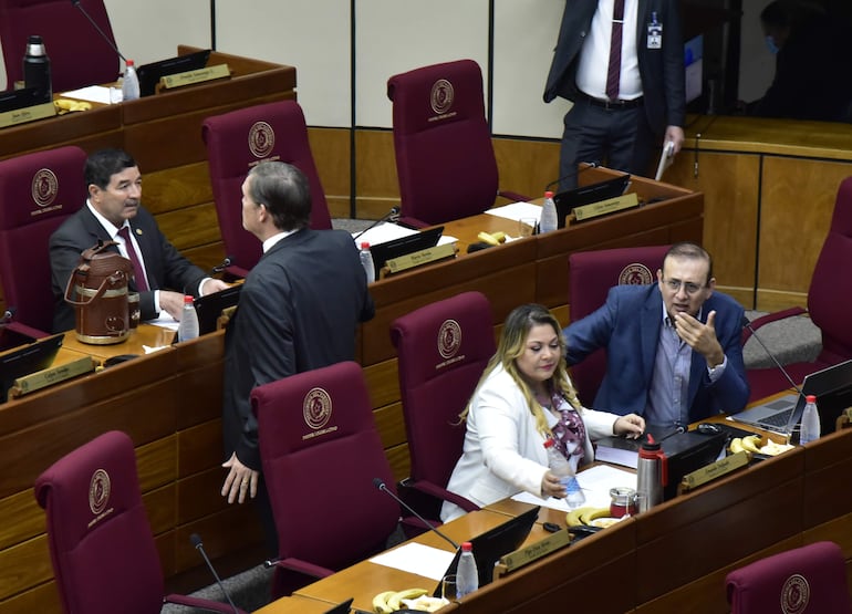 Los senadores Carlos Núñez Agüero y Natalicio Chase conversan, al igual que la senadora Zenaida Delgado con el senador Erico Galeano, todos del cartismo.