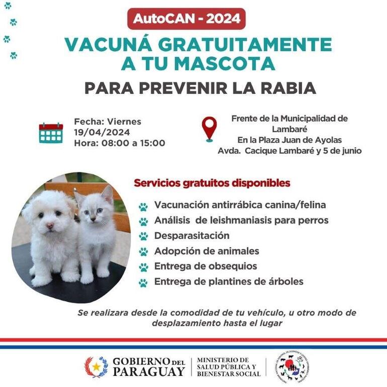 Este viernes 19 de abril, de 08:00 a 15:00 horas, frente a la Municipalidad de Lambaré, en la Plaza Juan de Ayolas (Avda. Cacique Lambaré y 5 de junio), jornada de vacunación y desparasitación gratuita para mascotas.