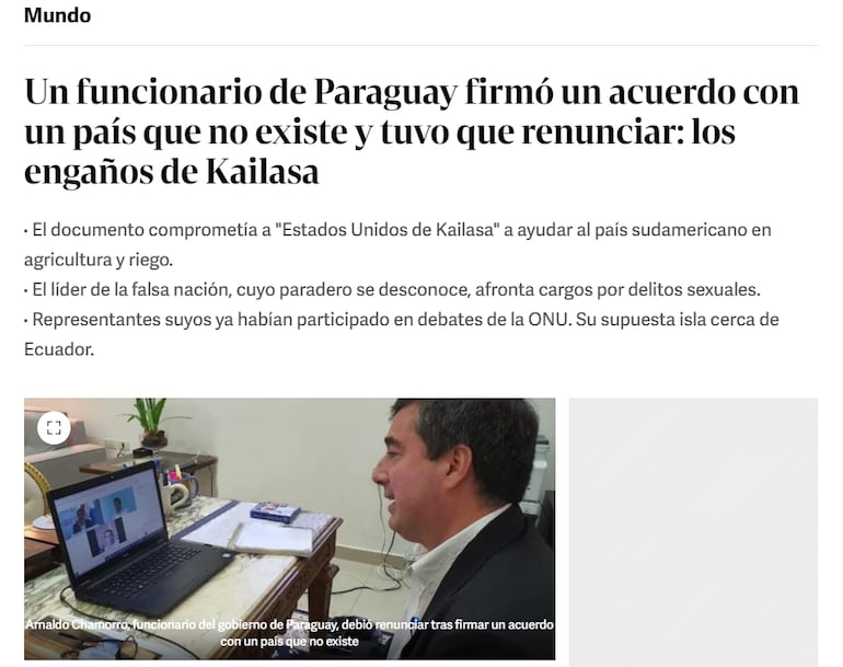 Publicación del diario Clarín de Argentina por el caso Kailasa y Paraguay.