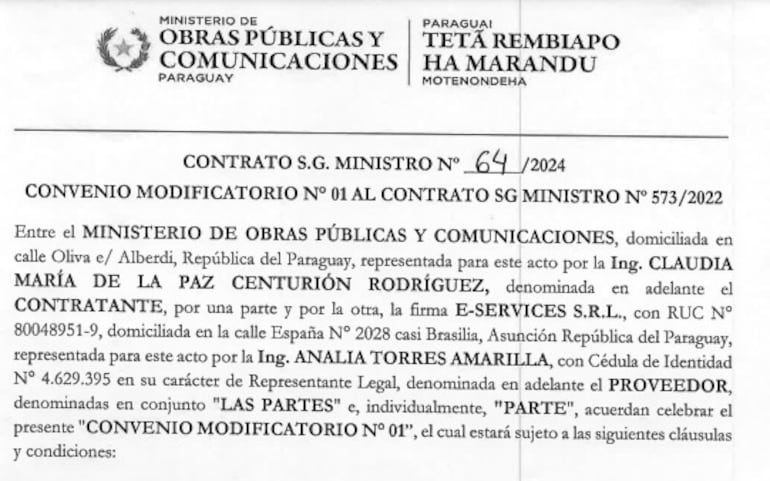 Facsímil de la resolución con el cual se dispuso la ampliación del contrato entre el MOPC y la compañía E-Services, empresa cuyo accionista es el ministro Gustavo Villate.