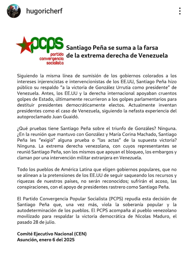 Comunicado del Partido Convergencia Socialista sobre el conflicto diplomático entre Paraguay y Venezuela.