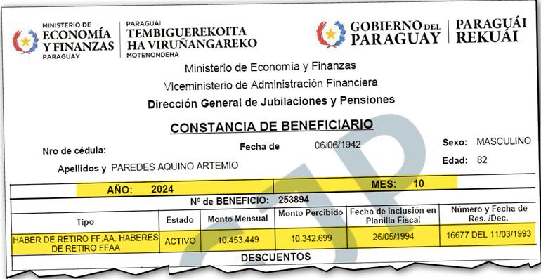 Registros del MEF sobre la remuneración mensual como militar retirado de Paredes Aquino.