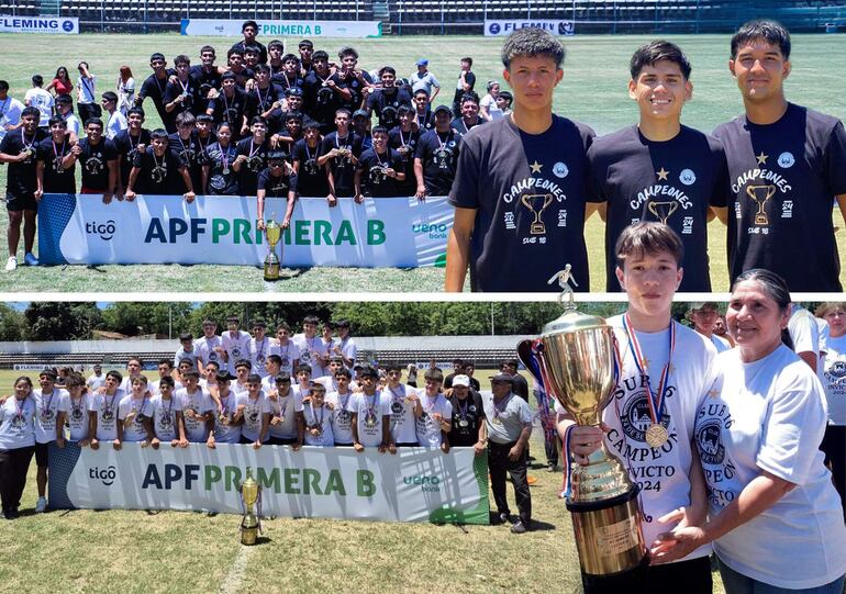 Arriba, Sebastián Romero, Fabricio Caballero e Isao Colmán Susukida, más el plantel Sub 18. Abajo, Josías Benítez con su abuela Felicia Rojas y los componentes de la dotación Sub 16.