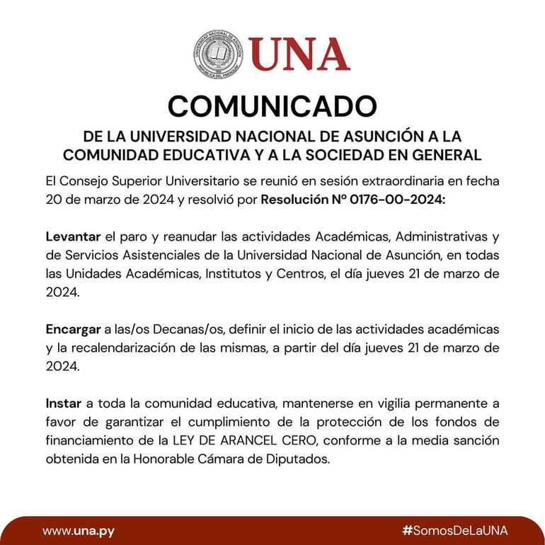 Comunicado de la UNA.