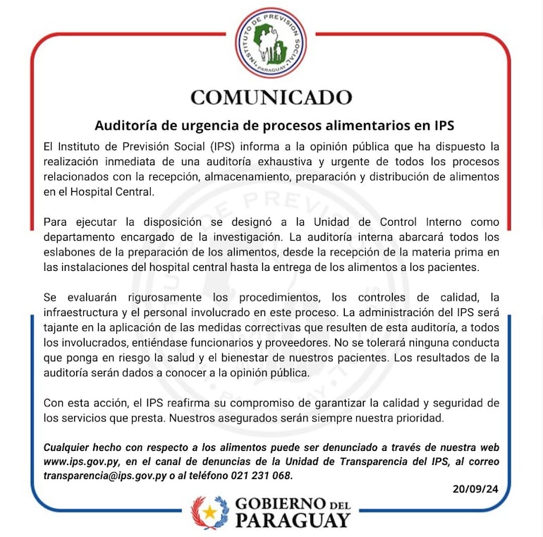 El IPS anunció una auditoria de urgencia en los procesos de alimentación del seguro social.