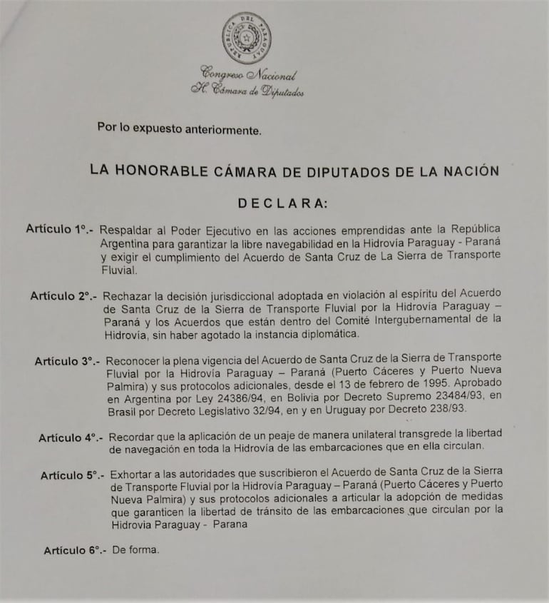 Resolución de la Cámara de Diputados respecto a cobro de peaje por parte de la Argentina en la Hidrovía.