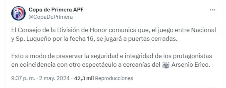 El comunicado de la Asociación Paraguaya de Fútbol.