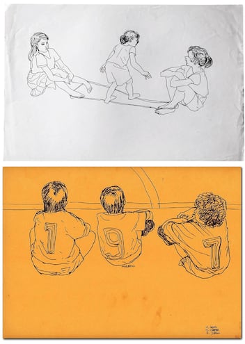 Enrique Collar: arriba, "Niñas jugando con elástico" (tinta sobre papel, 1991); abajo, "El 1, el 9, el 7" (marcador sobre cartulina de color, 1992).