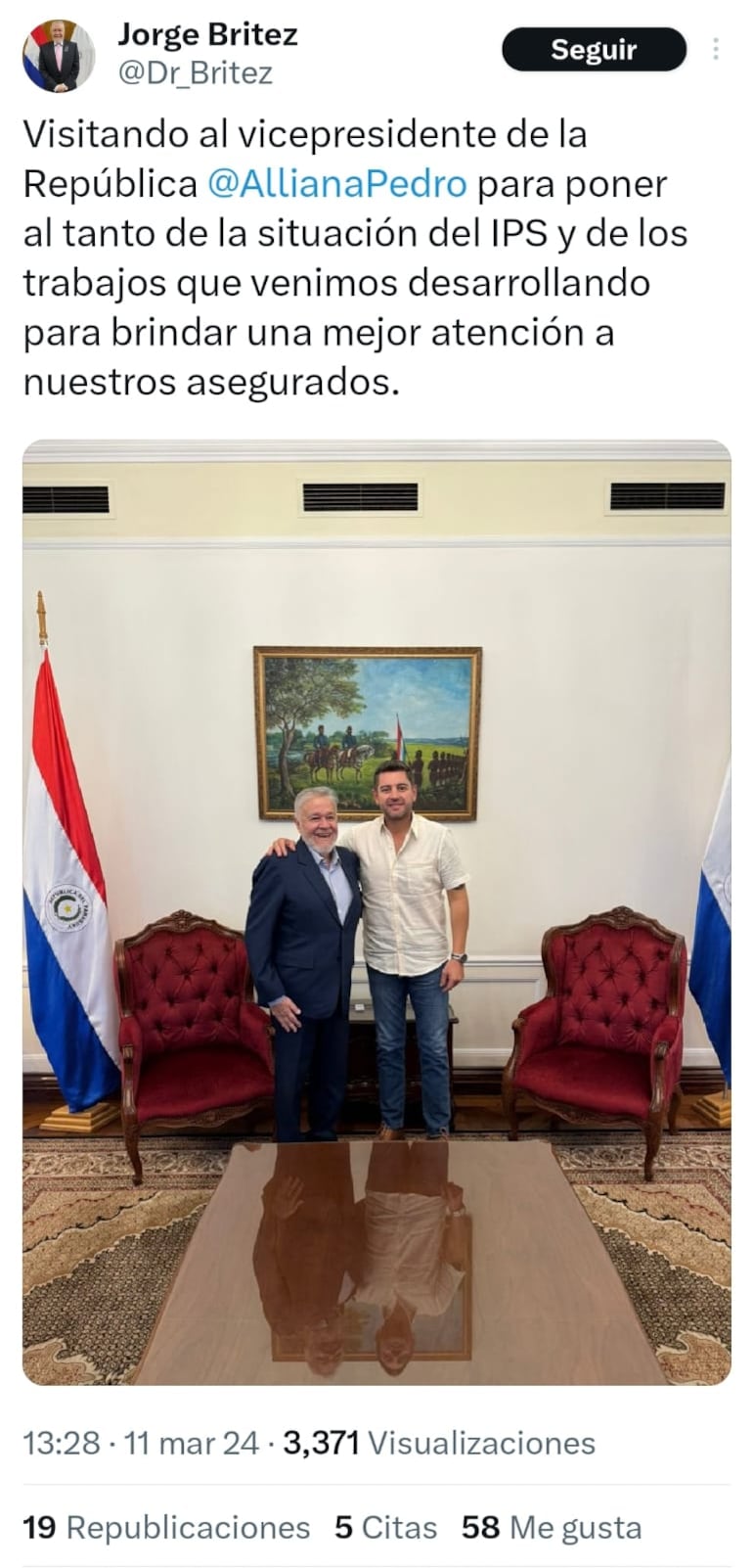  Jorge Brítez visitó el lunes a  Pedro Alliana en la Vicepresidencia.