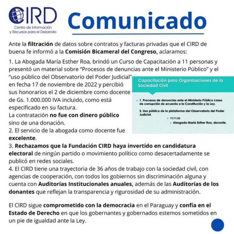 Comunicado del CIRD sobre Esther Roa. (gentileza).