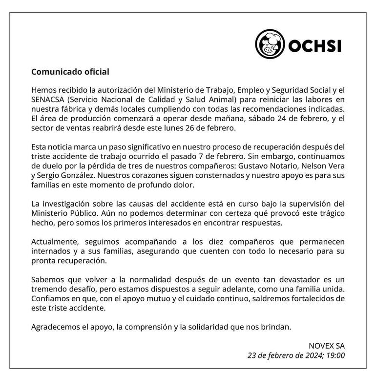 Comunicado de Ochsi donde anuncian reapertura de fábrica siniestrada. (gentileza).