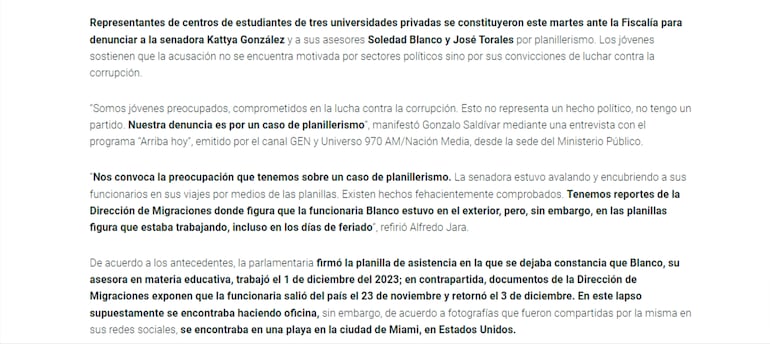 Medio oficialista informó sobre denuncia penal presentada contra senadora Kattya González.