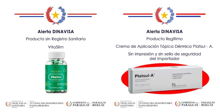 Alertas de Dinavisa sobre la venta de productos no autorizados o sin el registro correspondiente.