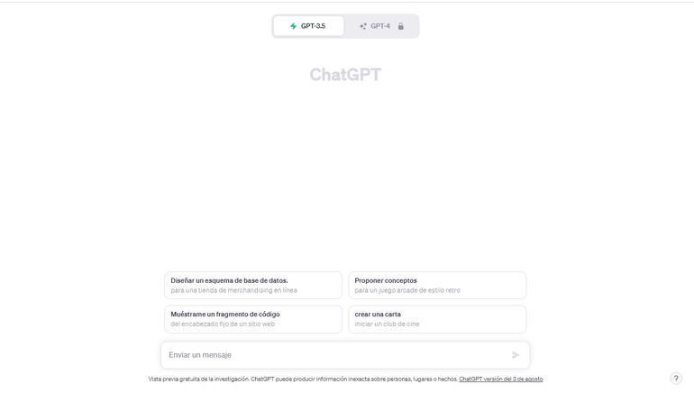 Panel de la inteligencia artificial ChatGPT, a la que uno puedo acceder de forma fácil en internet.