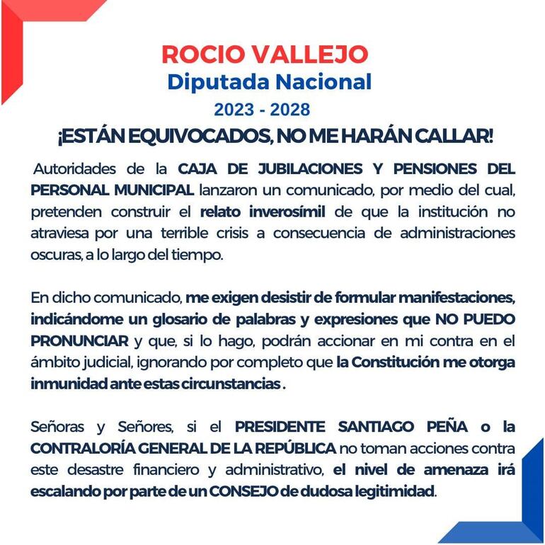 "¡ME ACABAN DE AMENAZAR! Autoridades del Consejo de la CAJA DE JUBILACIONES Y PENSIONES DEL PERSONAL MUNICIPAL lanzaron un comunicado, exigiéndome desistir de seguir denunciando los hechos irregulares que, a estas alturas, ya no se pueden esconder", es lo que escribió Vallejo al compartir su comunicado en redes sociales.