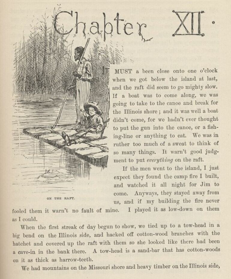 Jim y Huck surcando en su balsa el río Misisipi (Mark Twain, "Adventures of Huckleberry Finn", Charles L. Webster & Co., 1884).