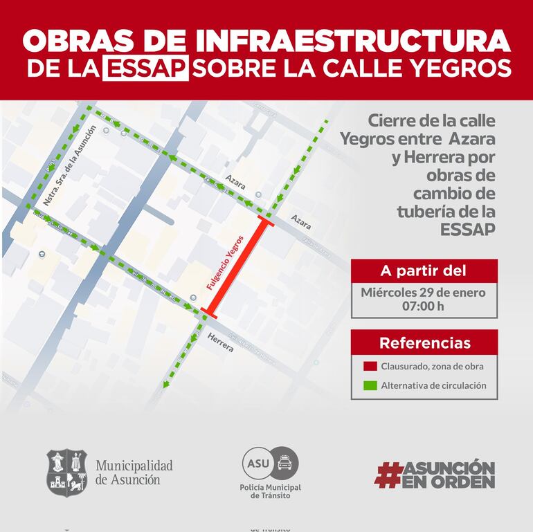 La calle Yegros, en el tramo que comprende Azara y Herrera, está bloqueada este miércoles para el tránsito vehicular