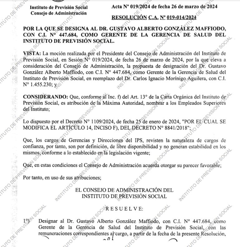 Resolución en la que se designa al doctor Gustavo Alberto González Maffiodo, como nuevo gerente de Salud del IPS.