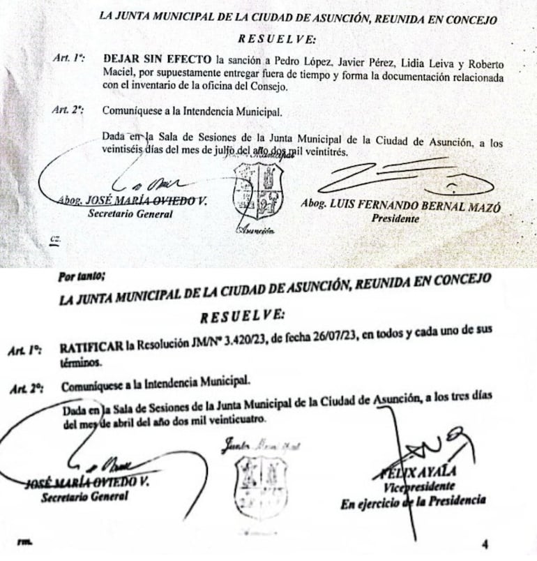 Parte resolutiva de las dos resoluciones anteriores de la Junta Municipal de Asunción sobre suspensión de por vida de vecinos.