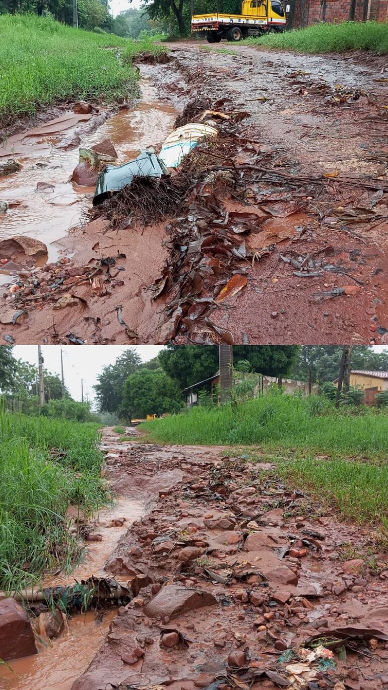 Caminos erosionados después de la intensa lluvia