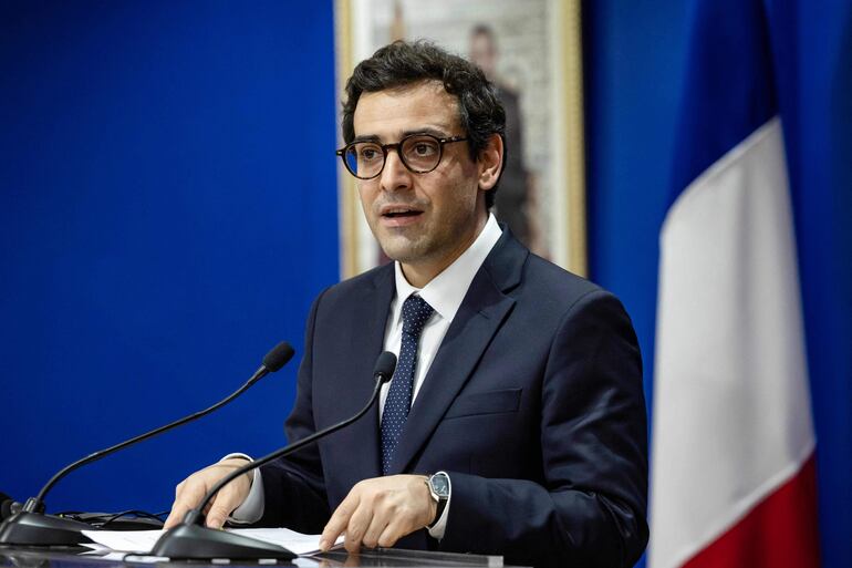 French Foreign Minister Stephane Sejourne speaks during a joint press conference with his Moroccan counterpart after their meeting in Rabat on February 26, 2024. (Photo by FADEL SENNA / AFP)