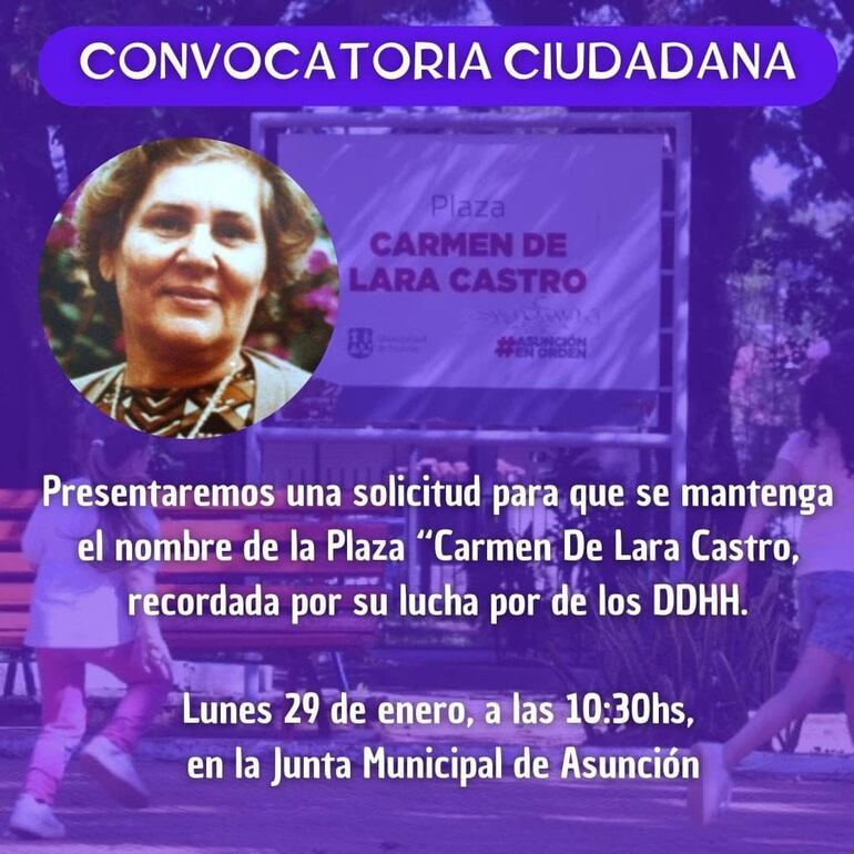 Convocatoria para presentar una solicitud que mantenga el nombre de la plaza Carmen de Lara Castro