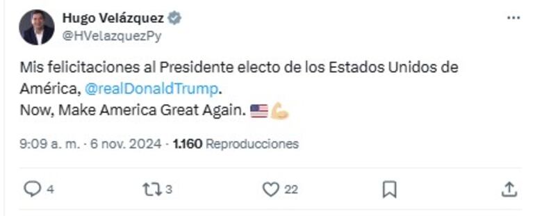 Mensaje de Hugo Velázquez sobre elección de Donald Trump.