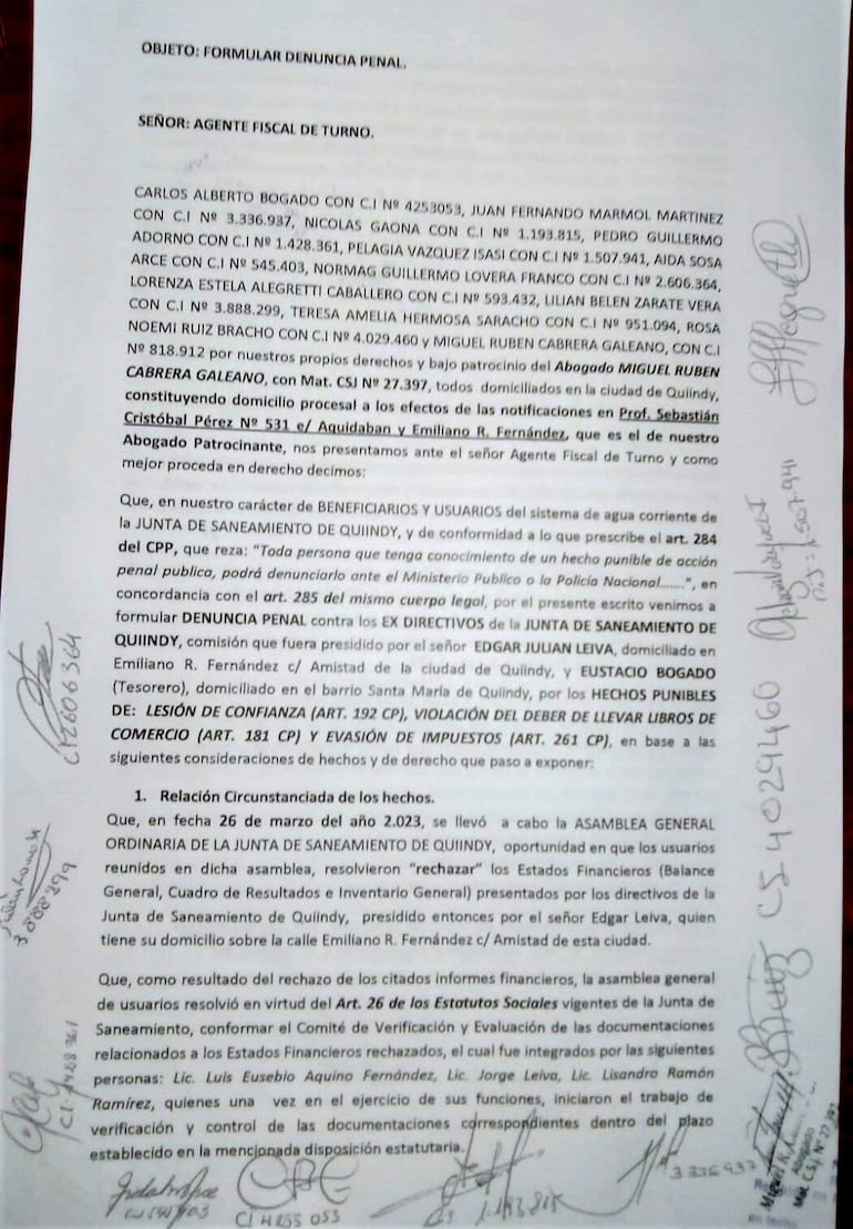 La denuncia formulada ante el Ministerio Público.