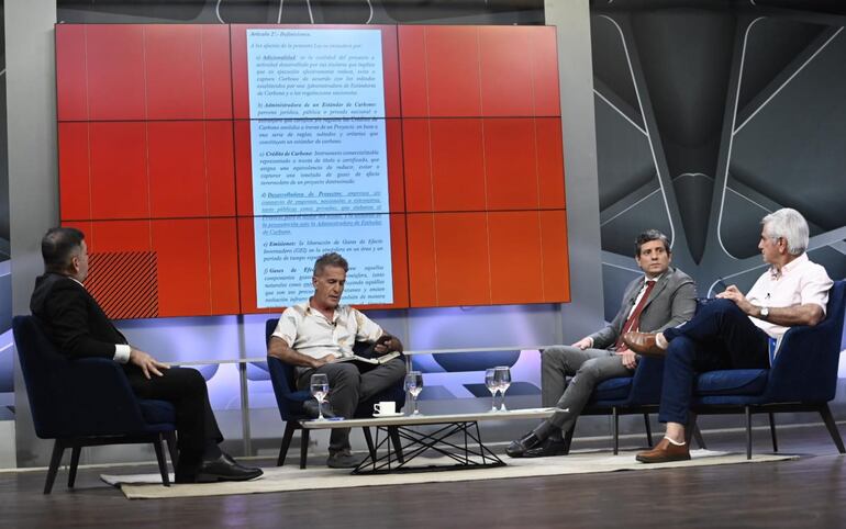 Ramiro Maluf, dirigente de la Asociación Rural del Paraguay; Víctor González, director Jurídico del Ministerio de Ambiente, y Diosnel Aguilera, diputado del PLRA, en ABC TV.