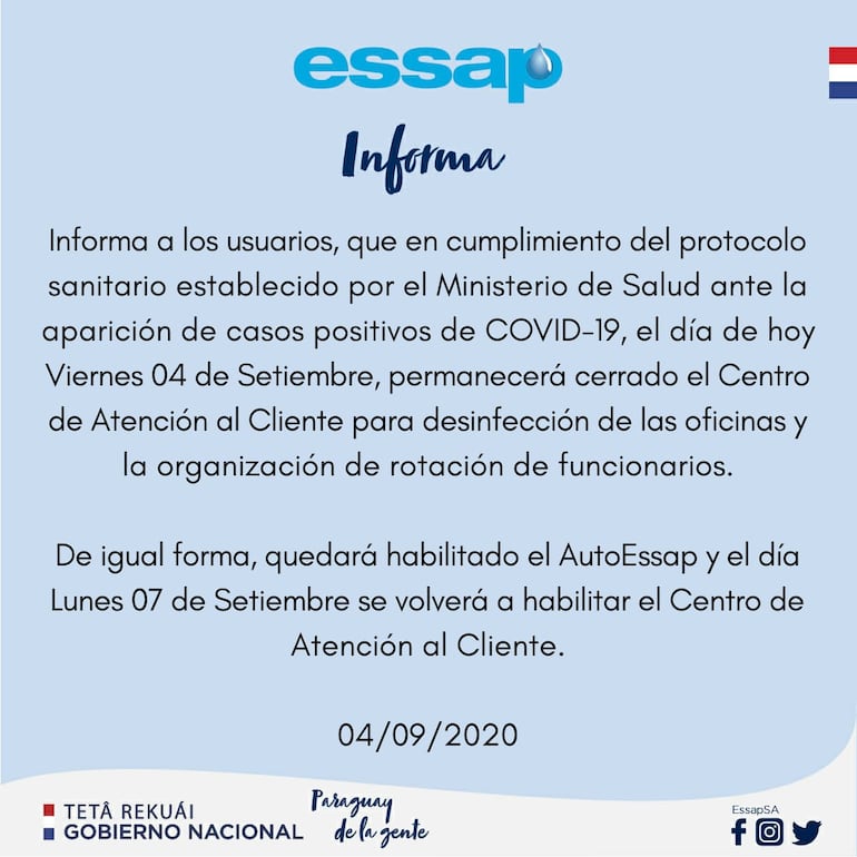 Anuncio de la Essap sobre cierre de sus oficinas