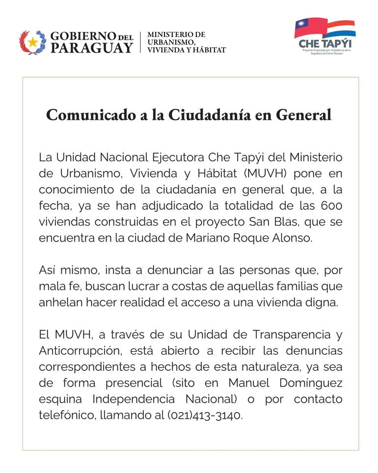 Comunicado del MUVH sobre el proyecto San Blas en Mariano Roque Alonso.