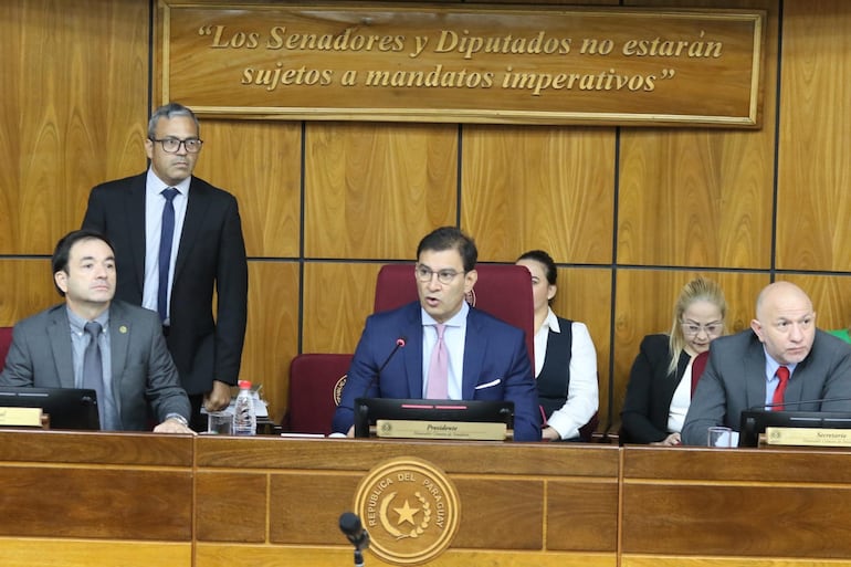 Cartel con la frase "Los senadores y diputados no estarán sujetos a mandatos imperativos", en la presidencia del Senado.