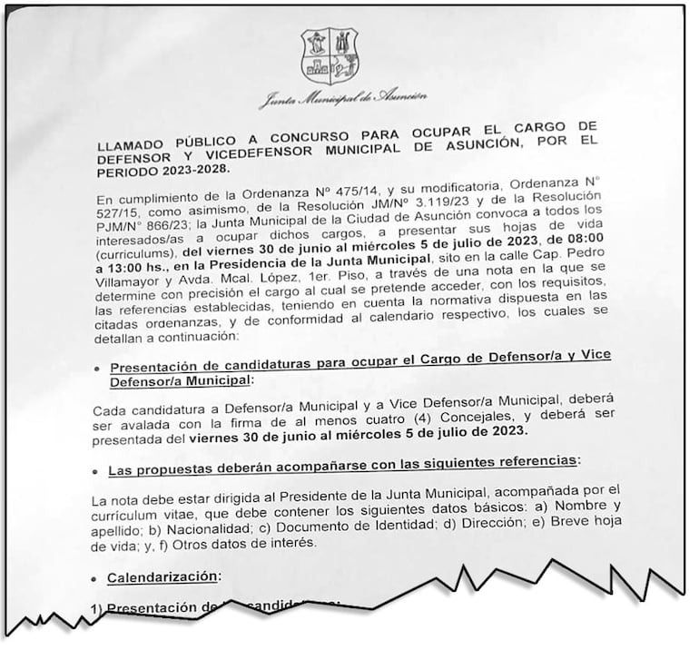 Documento de la Junta Municipal de Asunción en el que se convoca a llamado a concurso para nuevo defensor y vicedefensor municipal.