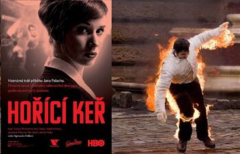 Afiche y fotograma de la miniserie Horici Ker, de HBO Europa, sobre la inmolación de Jan Palach.