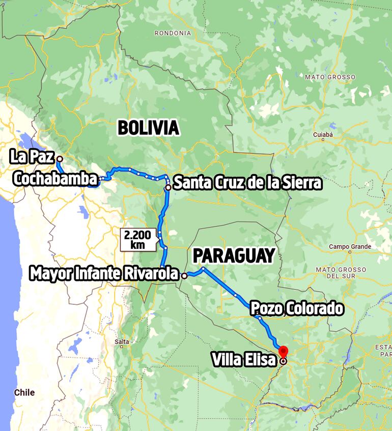 El recorrido de 2.200 kilómetros que hizo el camión boliviano que trajo la cocaína.