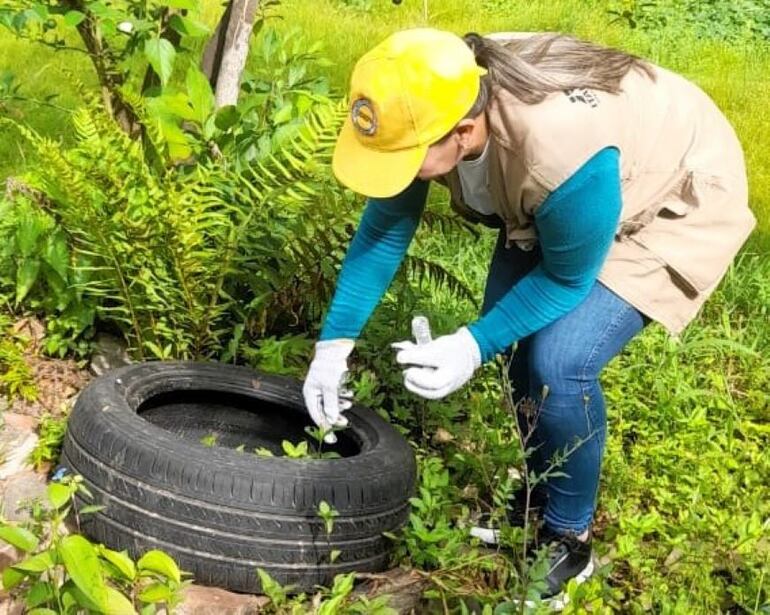 Una funcionaria del Senepa toma muestras de una cubierta con acumulación de agua.