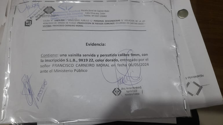 La vainilla servida y percutida fue entregada en la Fiscalía para que sea analizada.