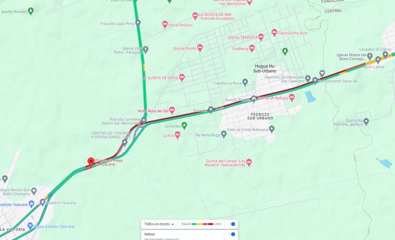 Mapa de tránsito de Google Maps de la zona del peaje de Ypacarai.