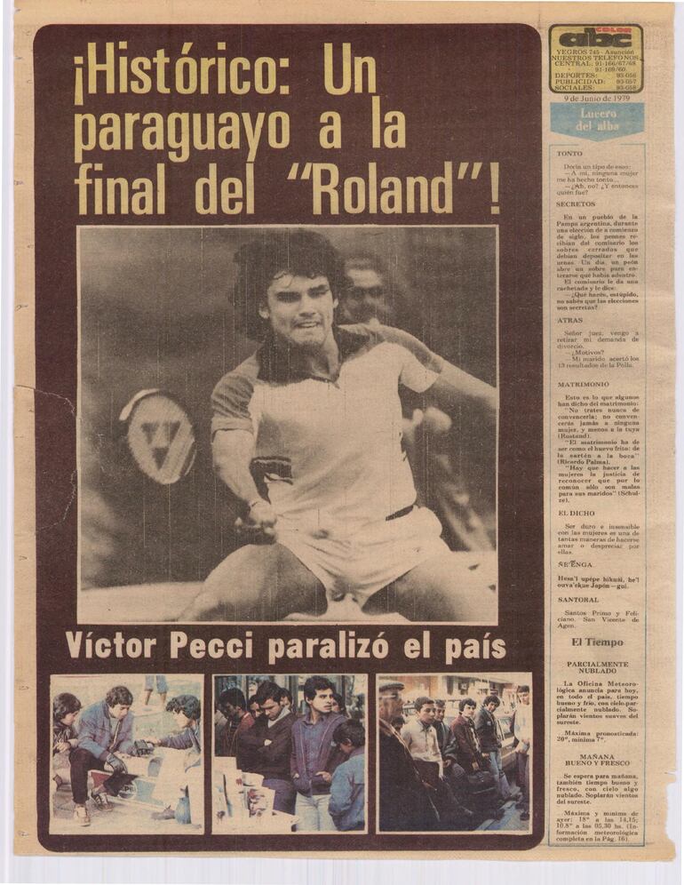 Publicación de ABC Color en 1979, cuando el paraguayo Víctor Pecci ganaba la semifinal de Roland Garros y accedía a la final, por primera y única vez hasta el presente de un tenista nacional en un torneo de Grand Slam.