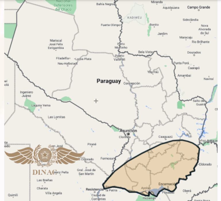 Zona de cobertura del sistema de tormentas que ingresará este jueves.