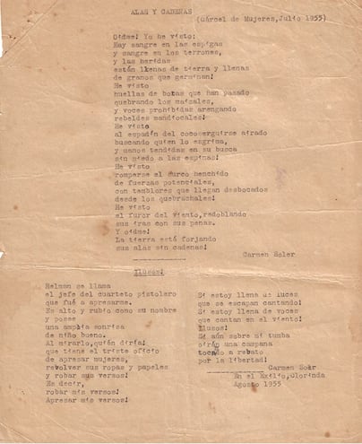 Carmen Soler: "Alas y cadenas" e "Ilusos", fechados por la autora, respectivamente: "Cárcel de Mujeres, Julio de 1955" y "En el exilio, Clorinda. Agosto de 1955" y publicados en: Antología poética (Buenos Aires, Revista La Marea, 2016), compilación hecha por María Eugenia Aponte Soler.