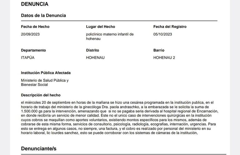 Denuncia presentada ante la Secretaría Nacional Anticorrupción (Senac) que habla de cobros ilegales en materno infantil de Hohenau.