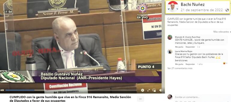 Posteo realizado por el entonces diputado y ahora senador cartista, Basilio “Bachi” Núñez sobre la media sanción para despojar hectáreas al Estado.