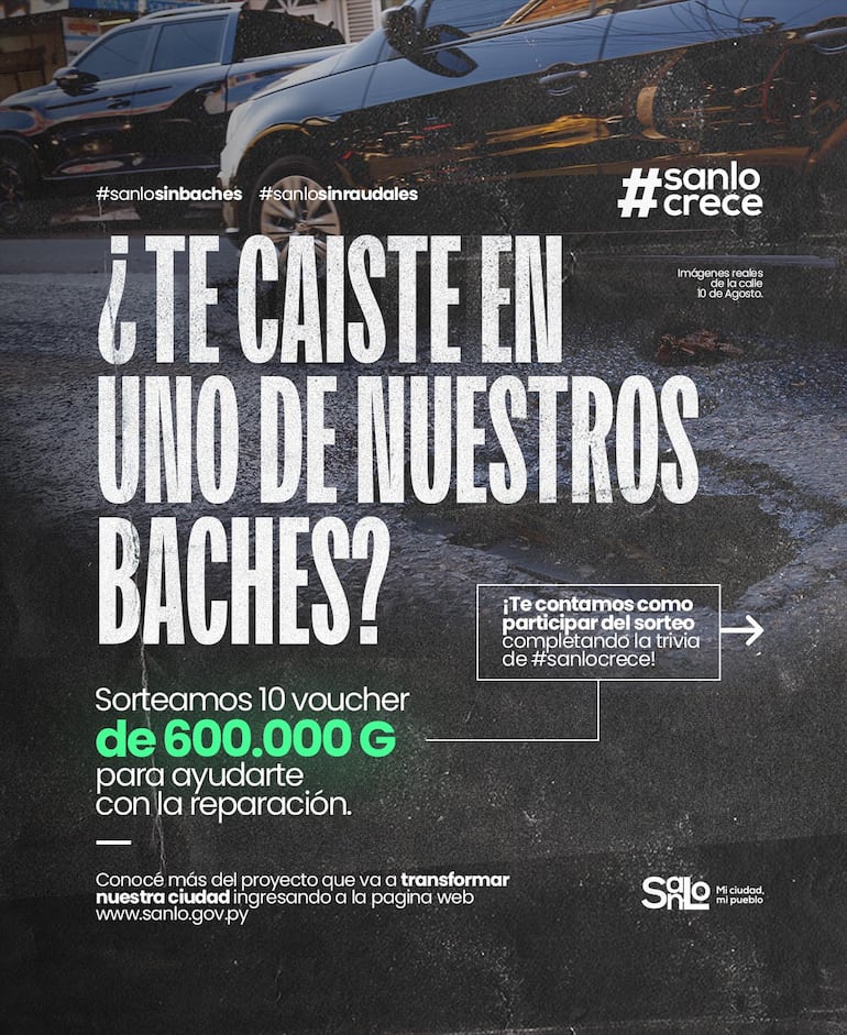 Flyers de la campaña lanzada por la Municipalidad de San Lorenzo que sortea vouchers de 600000 para conductores de vehículos afectados por los baches de la ciudad.