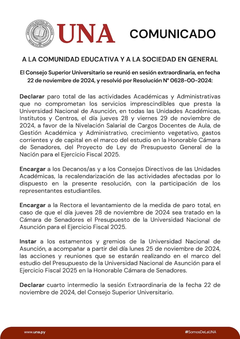 El comunicado que emitido por la Universidad Nacional de Asunción (UNA) con respecto al paro general declarado por el Consejo Superior Universitario.